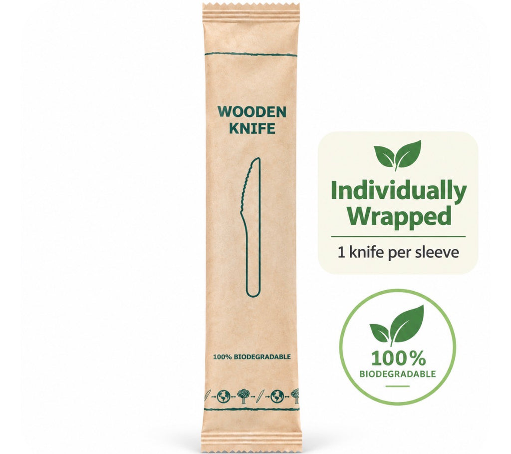 Individually wrapped biodegradable wooden knife
