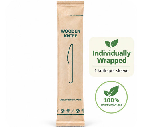 Individually wrapped biodegradable wooden knife
