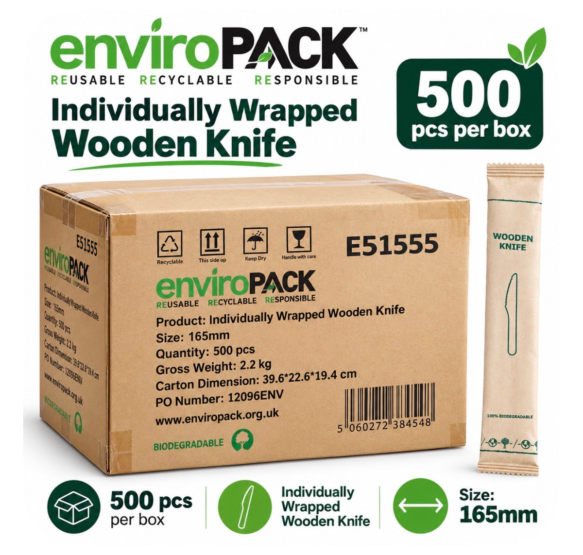 Enviropack box of 500 individually wrapped wooden knives